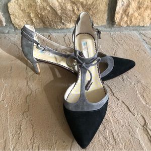 Boden black and gray, tasseled, ankle strap shoes. Kitten heels